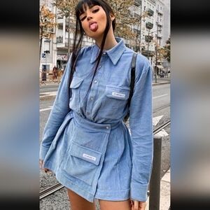 My Mum Made It Blue Corduroy Pocket Oversized Blouse Shirt (M/L) & Skirt (S/XS)